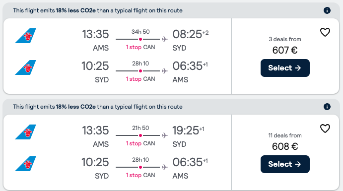 Booking example for flight from Amsterdam (AMS) to Sydney (SYD).