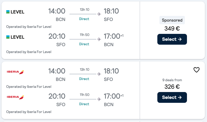 Booking example for flight from Barcelona (BCN) to San Francisco (SFO).