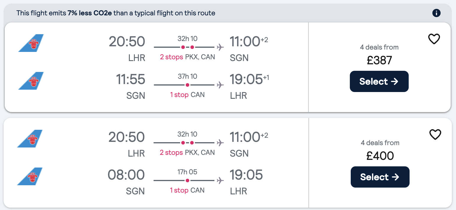 Booking example for flight from London Heathrow (LHR) to Ho Chi Minh City (SGN).