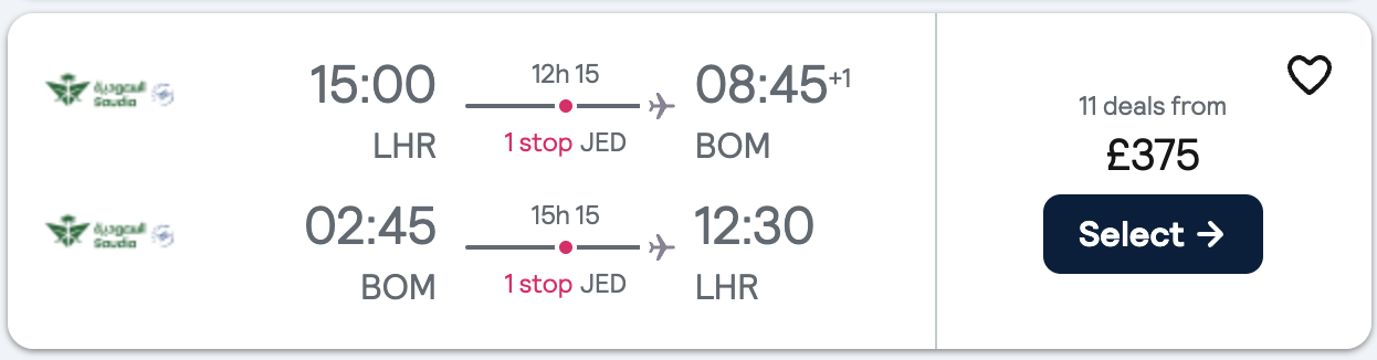 Booking example for flight from London Heathrow (LHR) to Mumbai (BOM).