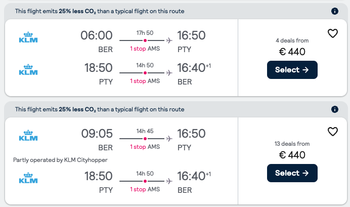 Booking example for flight from Berlin (BER) to Panama City (PTY).