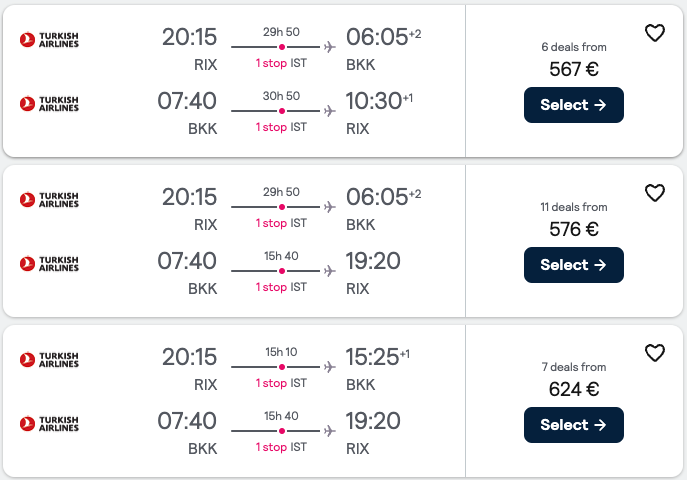 Booking example for flight from Riga (RIX) to Bangkok (BKK).