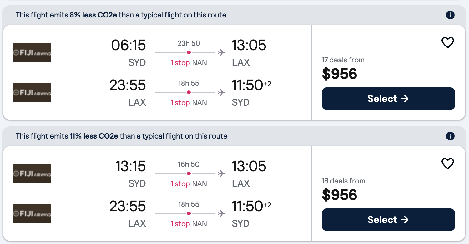 Booking example for flight from Sydney (SYD) to Los Angeles (LAX).