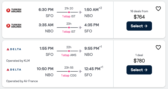 Booking example for flight from San Francisco (SFO) to Nairobi (NBO).