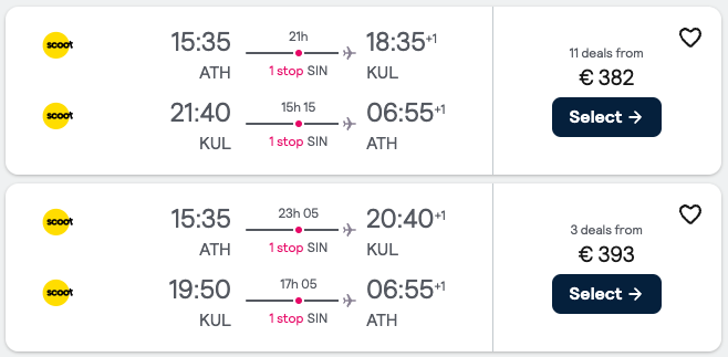 Booking example for flight from Athens (ATH) to Kuala Lumpur (KUL).