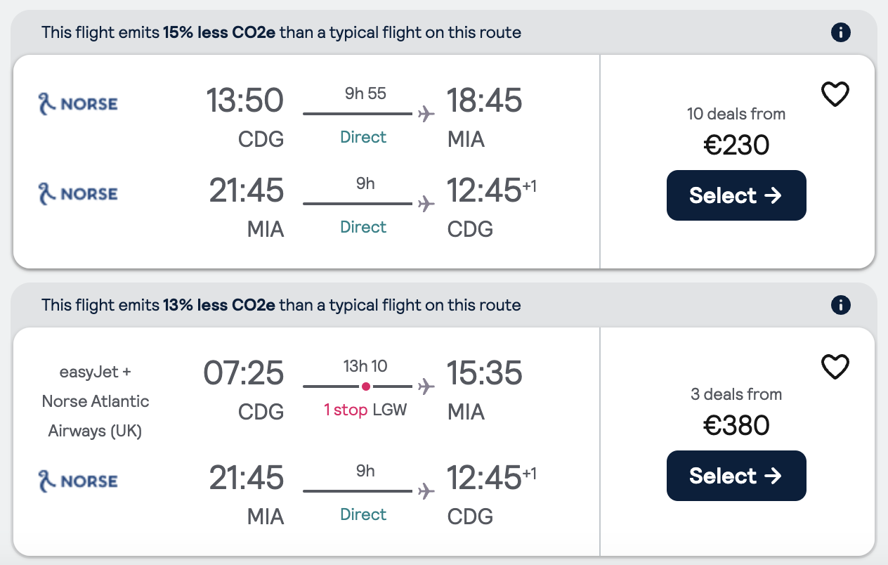 Booking example for flight from Paris (CDG) to Miami (MIA).