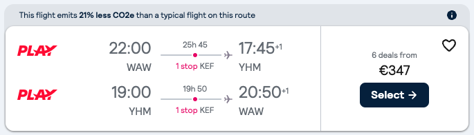 Booking example for flight from Warsaw (WAW) to Hamilton (YHM).