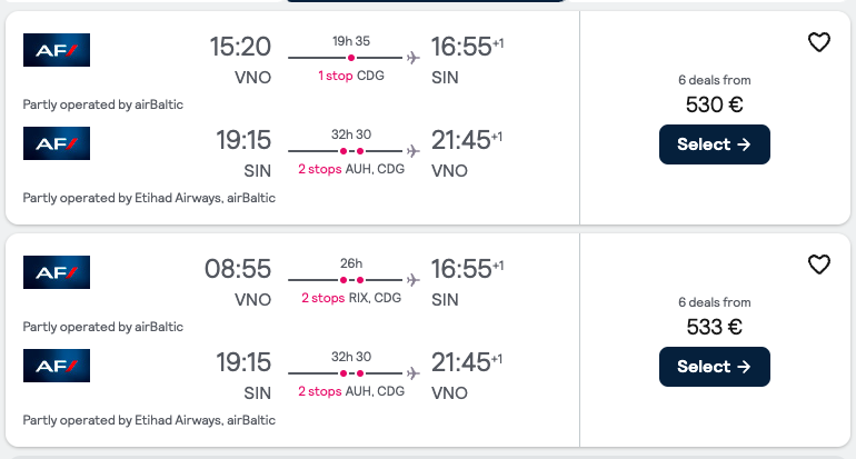 Booking example for flight from Vilnius (VNO) to Singapore (SIN).