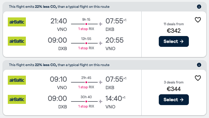 Booking example for flight from Vilnius (VNO) to Dubai (DXB).