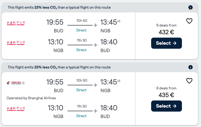 Booking example for flight from Budapest (BUD) to Ningbo (NGB).