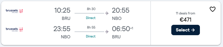 Booking example for flight from Brussels (BRU) to Nairobi (NBO).