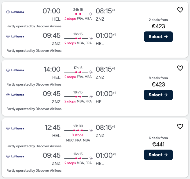 Booking example for flight from Helsinki (HEL) to Zanzibar City (ZNZ).