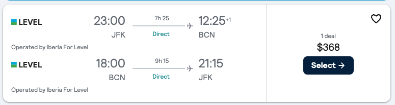 Booking example for flight from New York (JFK) to Barcelona (BCN).