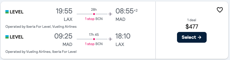 Booking example for flight from Los Angeles (LAX) to Madrid (MAD).