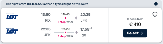 Booking example for flight from Riga (RIX) to New York (JFK).