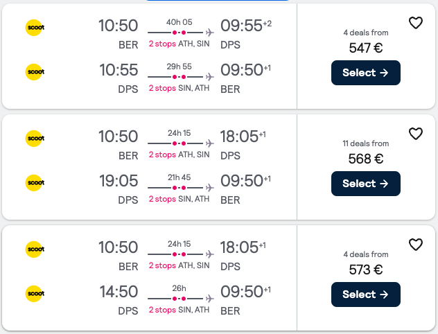 Booking example for flight from Berlin (BER) to Denpasar (DPS).