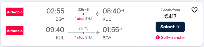 Booking example for flight from Bergamo (BGY) to Kuala Lumpur (KUL).