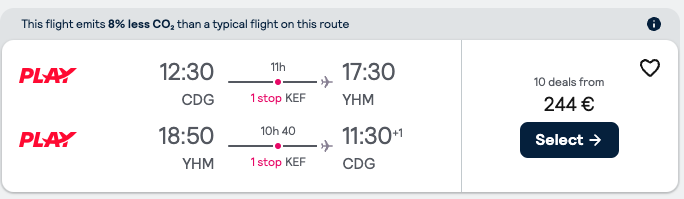 Booking example for flight from Paris (CDG) to Hamilton (YHM).