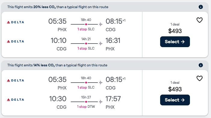 Booking example for flight from Phoenix (PHX) to Paris (CDG).