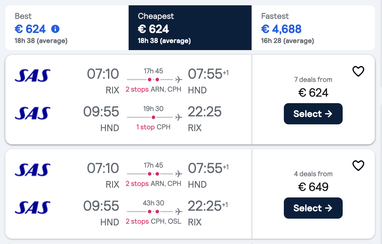 Booking example for flight from Riga (RIX) to Tokyo (HND).