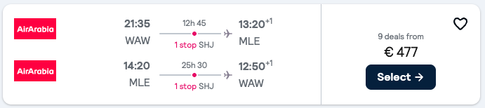 Booking example for flight from Warsaw (WAW) to Malé (MLE).