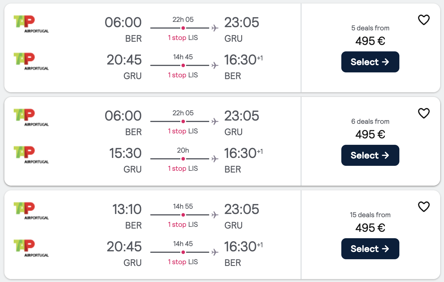 Booking example for flight from Berlin (BER) to São Paulo (GRU).