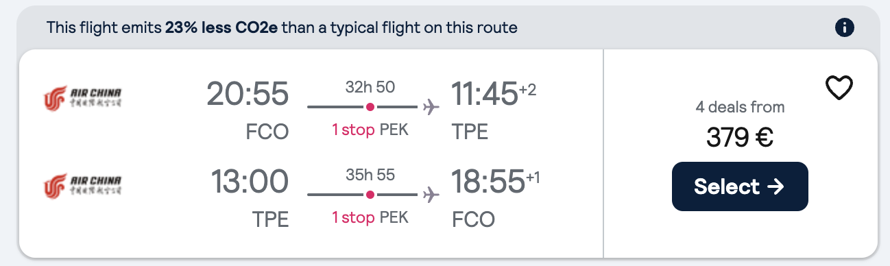 Booking example for flight from Rome (FCO) to Taipei (TPE).