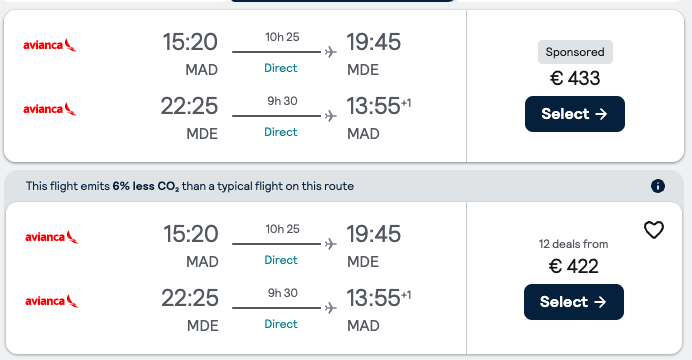 Booking example for flight from Madrid (MAD) to Medellin (MDE).