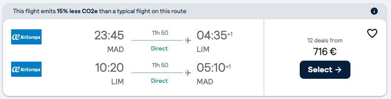 Booking example for flight from Madrid (MAD) to Lima (LIM).