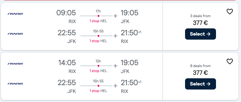 Booking example for flight from Riga (RIX) to New York (JFK).