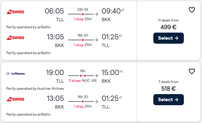 Booking example for flight from Tallinn (TLL) to Bangkok (BKK).