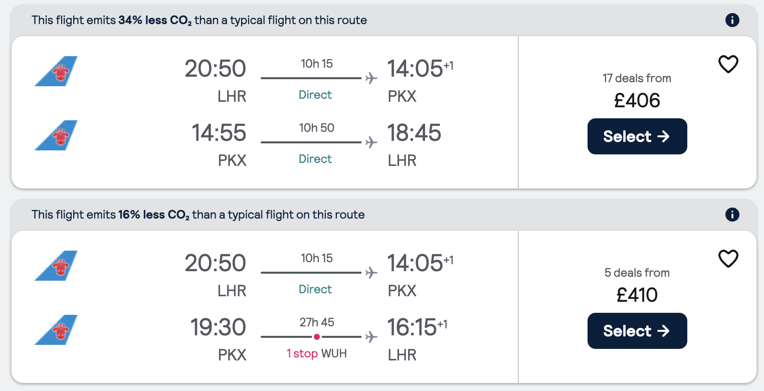 Booking example for flight from London Heathrow (LHR) to Beijing (PKX).