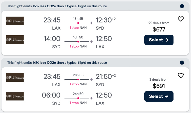 Booking example for flight from Los Angeles (LAX) to Sydney (SYD).