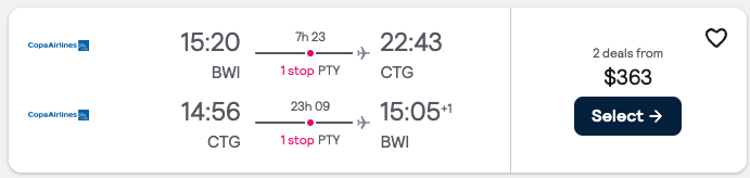 Booking example for flight from Baltimore (BWI) to Cartagena (CTG).