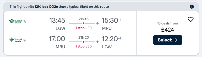 Booking example for flight from London Gatwick (LGW) to Port Louis (MRU).