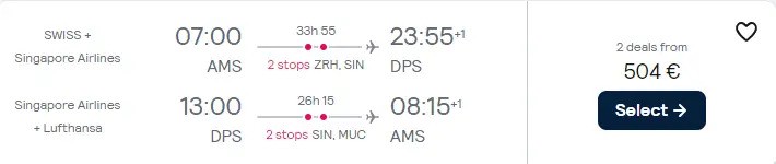 Booking example for flight from Amsterdam (AMS) to Denpasar (DPS).