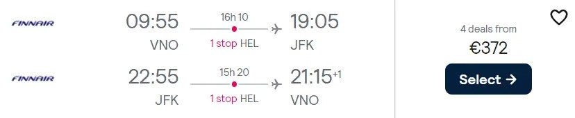 Booking example for flight from Vilnius (VNO) to New York (JFK).