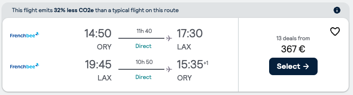 Booking example for flight from Paris (ORY) to Los Angeles (LAX).