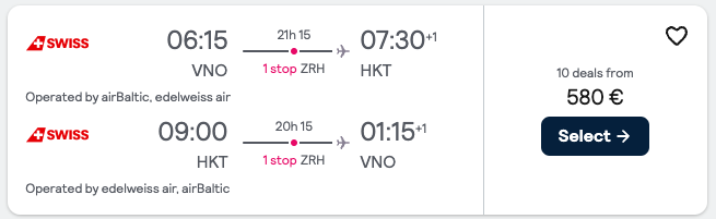 Booking example for flight from Vilnius (VNO) to Phuket (HKT).