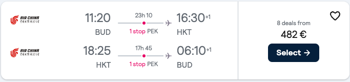 Booking example for flight from Budapest (BUD) to Phuket (HKT).