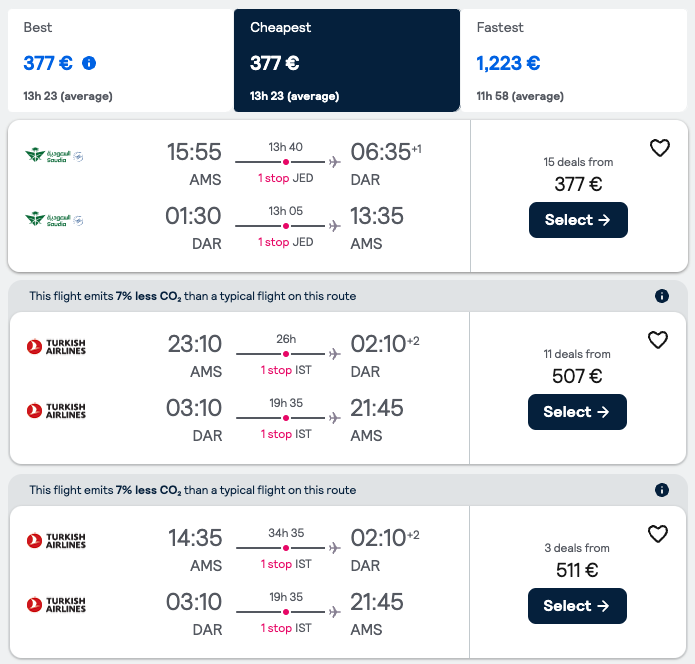 Flight from Amsterdam to Tanzania. Skyscanner.