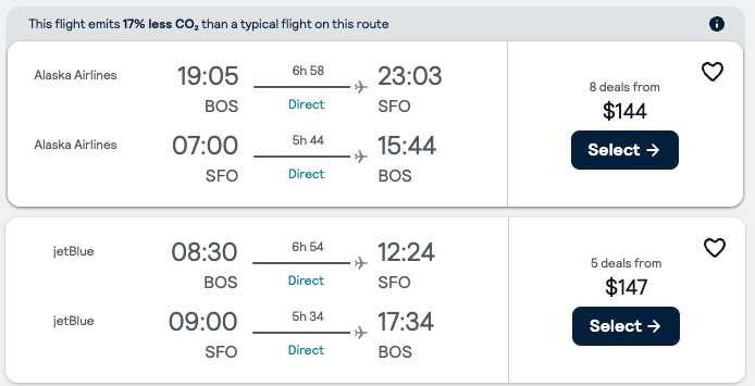 Boston to San Franscisco, Skyscanner.