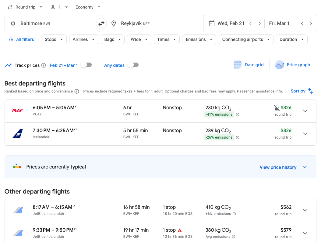 Baltimore to Reykjavik, Iceland. Google flights.