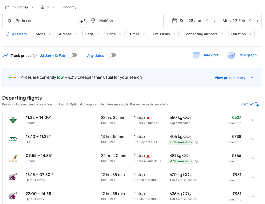 Paris to Maldives, google flights.