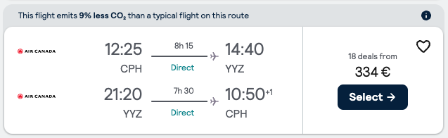 Copenhagen (CPH) to Toronto (YYX), Canada for €330 Roundtrip Nonstop