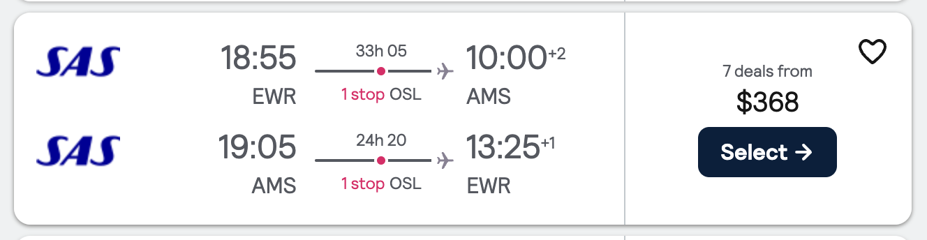 New York City (EWR) to Amsterdam (AMS) for only $368!