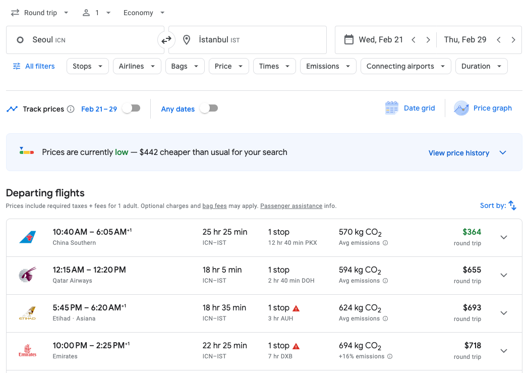 Seoul (ICN) to Istanbul (ISt) on Google flights.