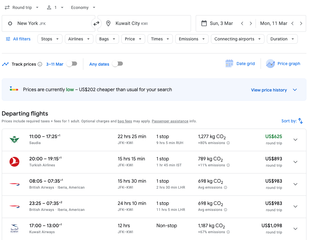 New York (JFK) to Kuwait (KWI) for only $625 Roundtrip.