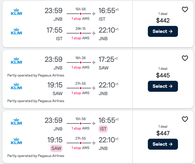 Johannesburg (JNB), South Africa to Istanbul (IST), Turkey for only $439 Roundtrip.