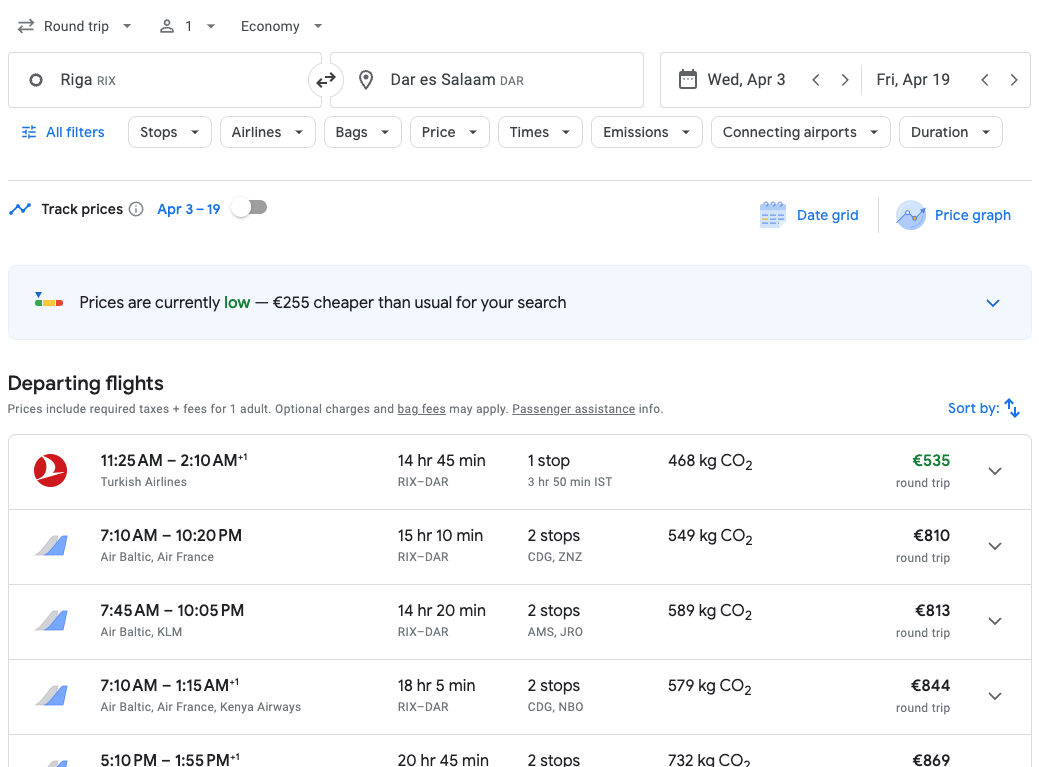 Flight from Latvia to Africa. Google flights.